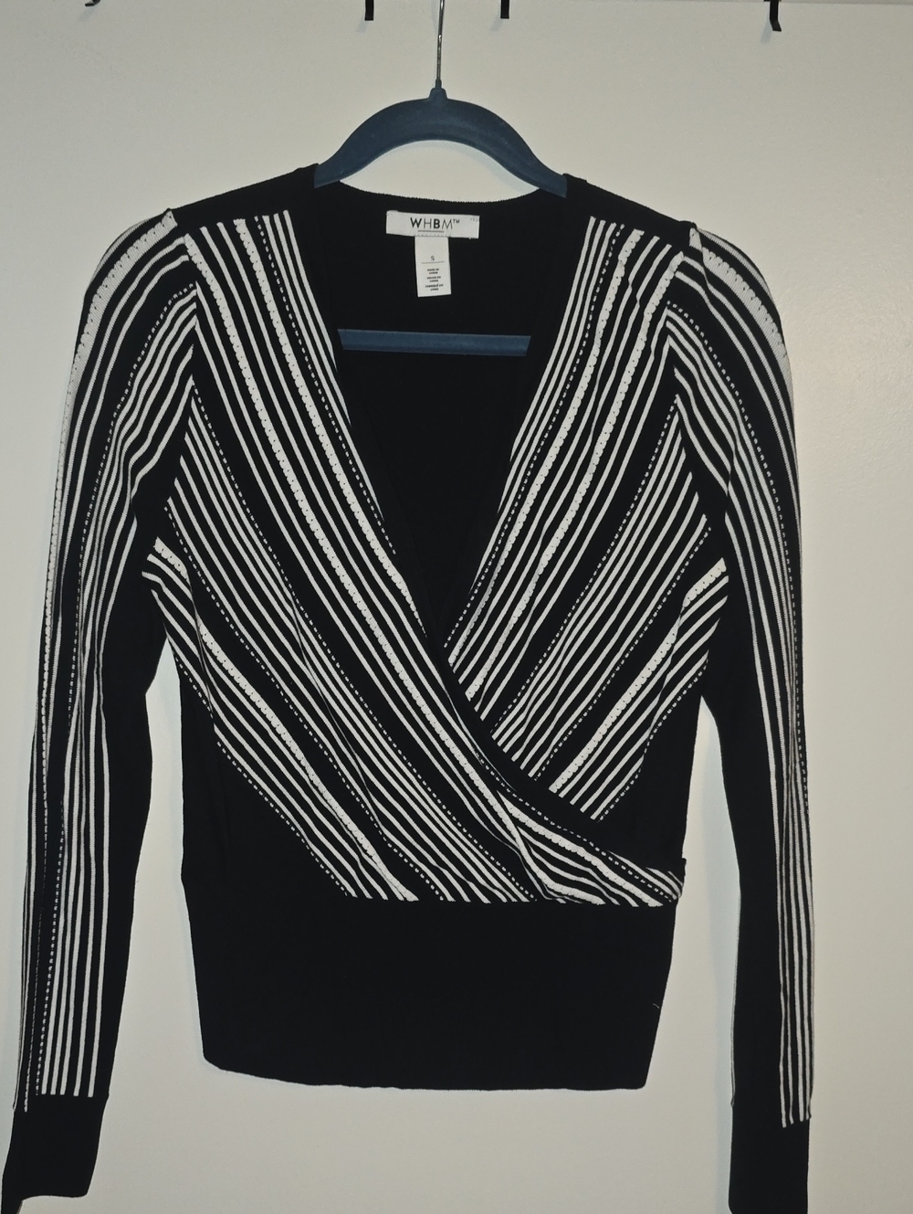 White House Black Market Black & White Striped Wrap V-Neck Sweater